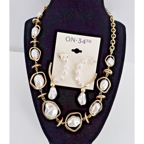 On 34th Faux Baroque Pearl Gold Tone Earrings & Style & Co Matching Necklace Set - Picture 4 of 11